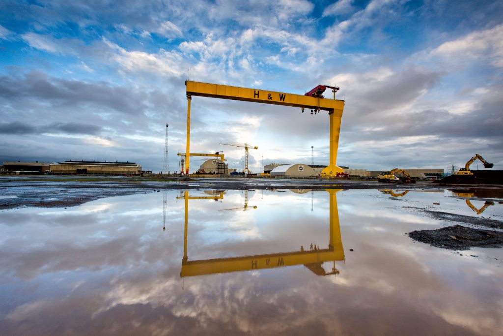landscape photography - landscape photographer - reflections of the big crane at harland and wolfe belfast