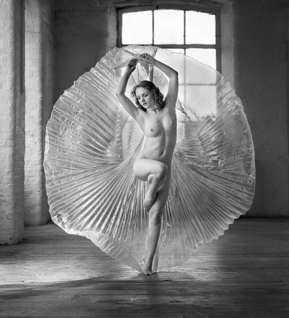 Fine Art Nude Photography - Fine Art Nude Photographer - monochrome image of artistic nude model making shapes with a set of gossamer wings
