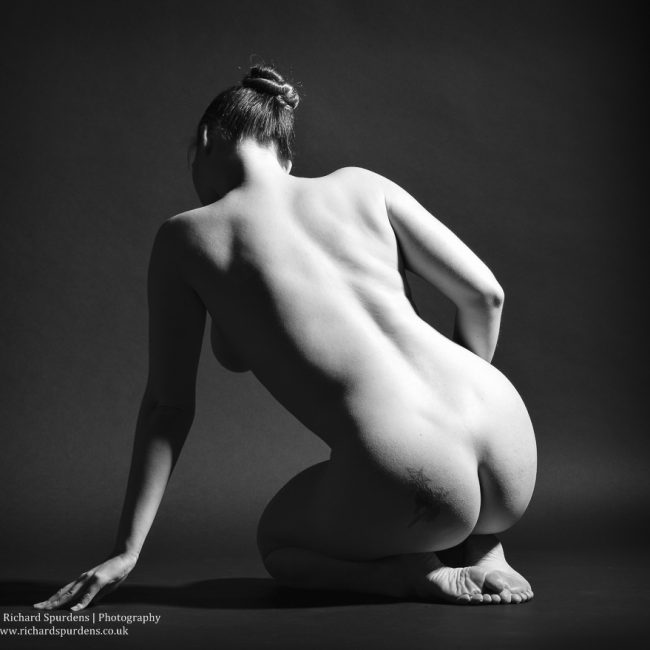 artistic nude photographer - artistic nude photography - the model kneeing with her back to the camera with the light playing across her back and figure shape