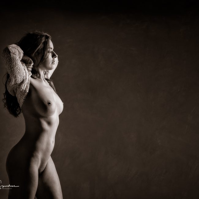 Fine Art Nude Photography - Fine Art Nude Photographer - a toned monochrome image of rose stood in profile with her arms behind her head she is on the lhs of the image and the lighting is coming in from the rhs and producing light and shadow across her figure.