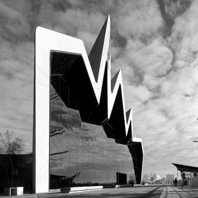 a black and white image showing the design of the wave building designed by Zaha Hadid