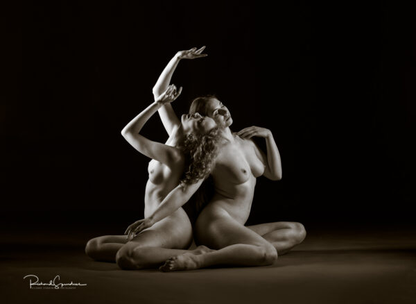 Fine Art nude Photography - Fne Art Nude Photographer - january 2012 print of the month Image of elle beth and Gem using posing block to make artistic nude shapes as a duo pair using the floor