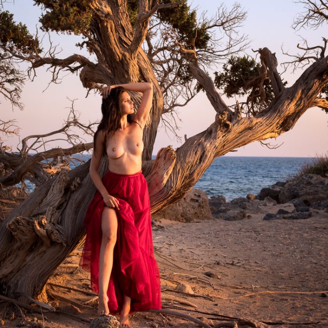 artistic nude photographer - artistic nude photography - colour image from location shoot on the island of crete the setting sun light the models figure against a twisted tree model is topless and is wearing a long red skirt lifted to her knee on one leg