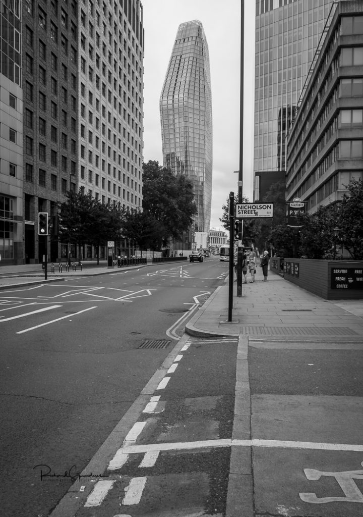 travel photography - travel photographer - a street view towards the vase high rise tower in monochrome
