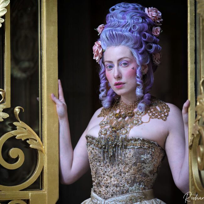 fashion photography fashion photographer - the look of a rococo queen textured a layered jewels and a towering purple pouf wig sets off the look